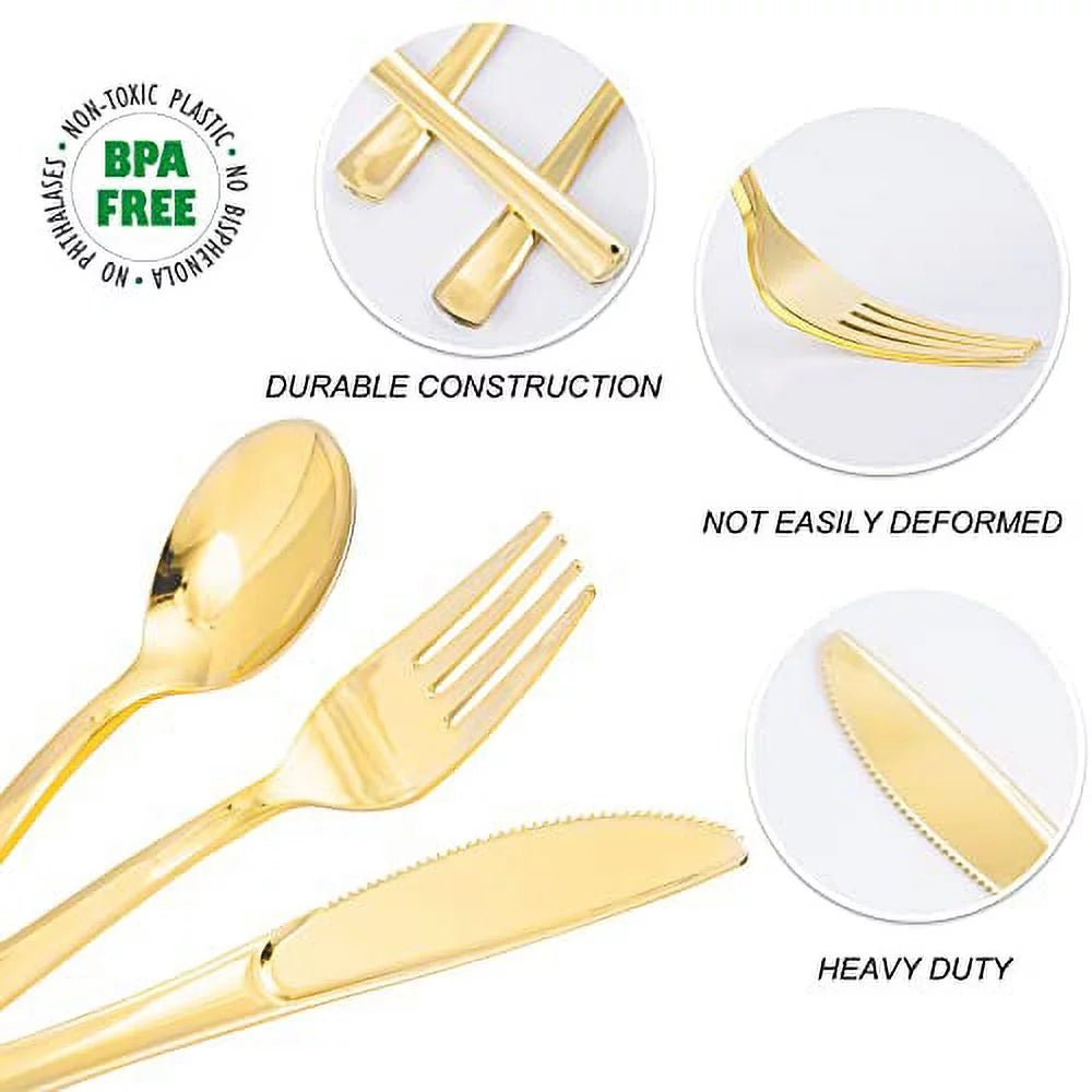 Gold Plastic Cutlery Set Disposable Flatware for Party C109