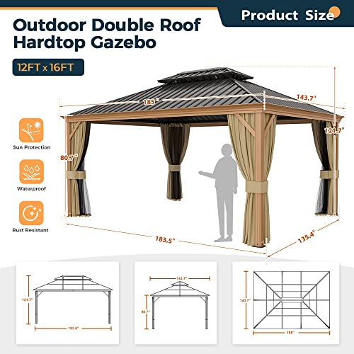 10 x 12 ft Hardtop Gazebo with Netting and Curtains, Double Roof Metal Canopy for Patio I7305
