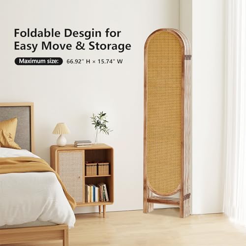 Foldable Wooden Room Divider with Hand-Woven Rattan Panels X6131