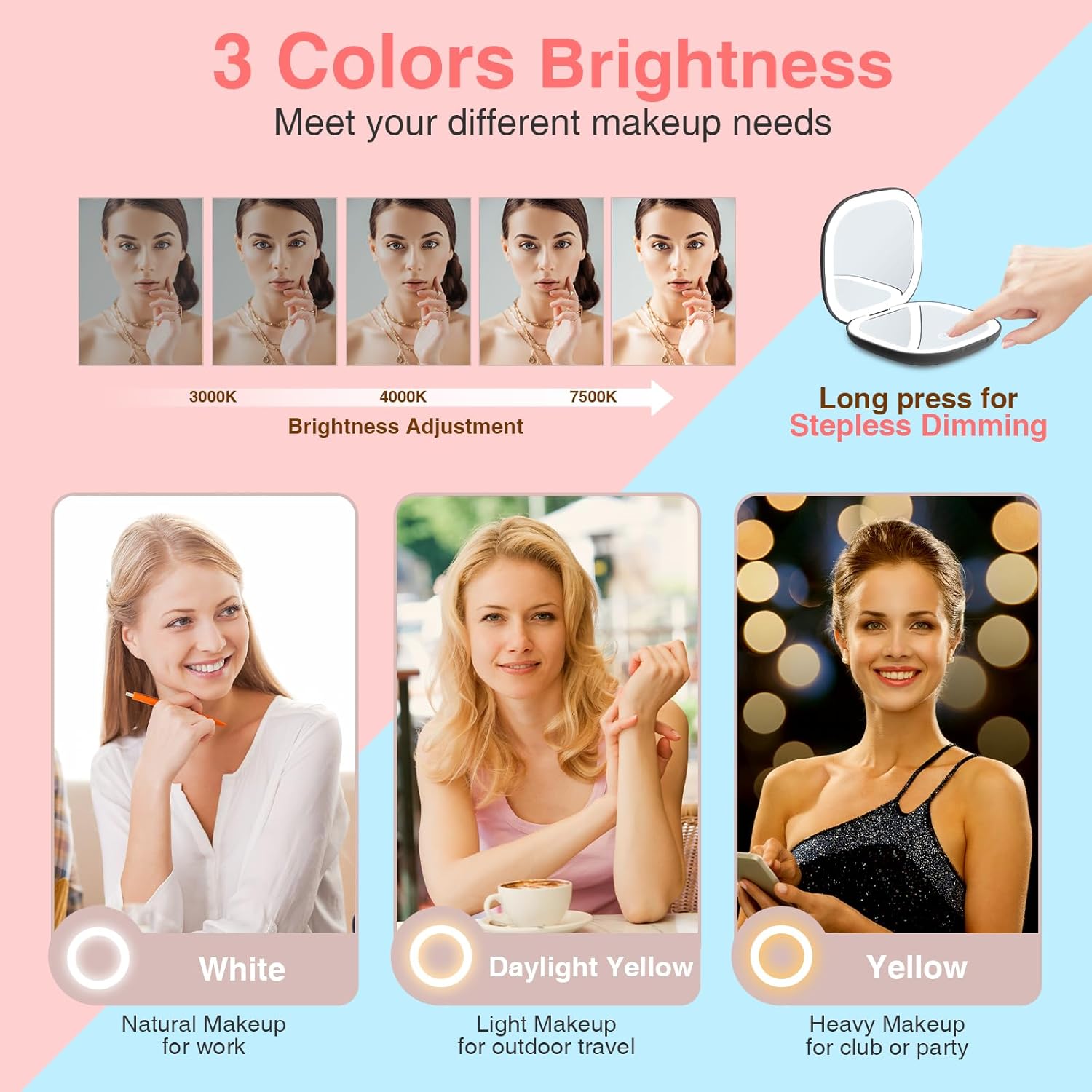 Compact Travel Makeup Mirror with LED Light, 1X/10X Magnifying, Rechargeable S105382