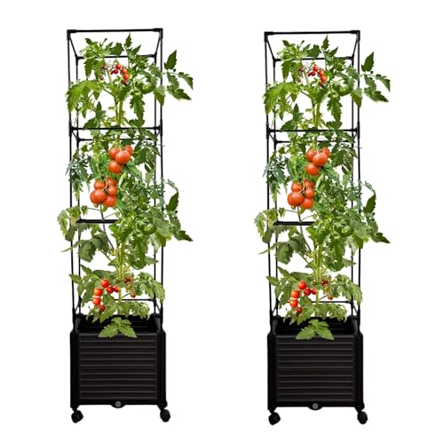 Trellis Planter Box with Caster, 2 Pack 63" Large Outdoor Adjustable Garden Planter Box with Trellis for Climbing Plant and Vegetables with Caster-Size 15.7" (L) x11.8 (W) x63 (H)