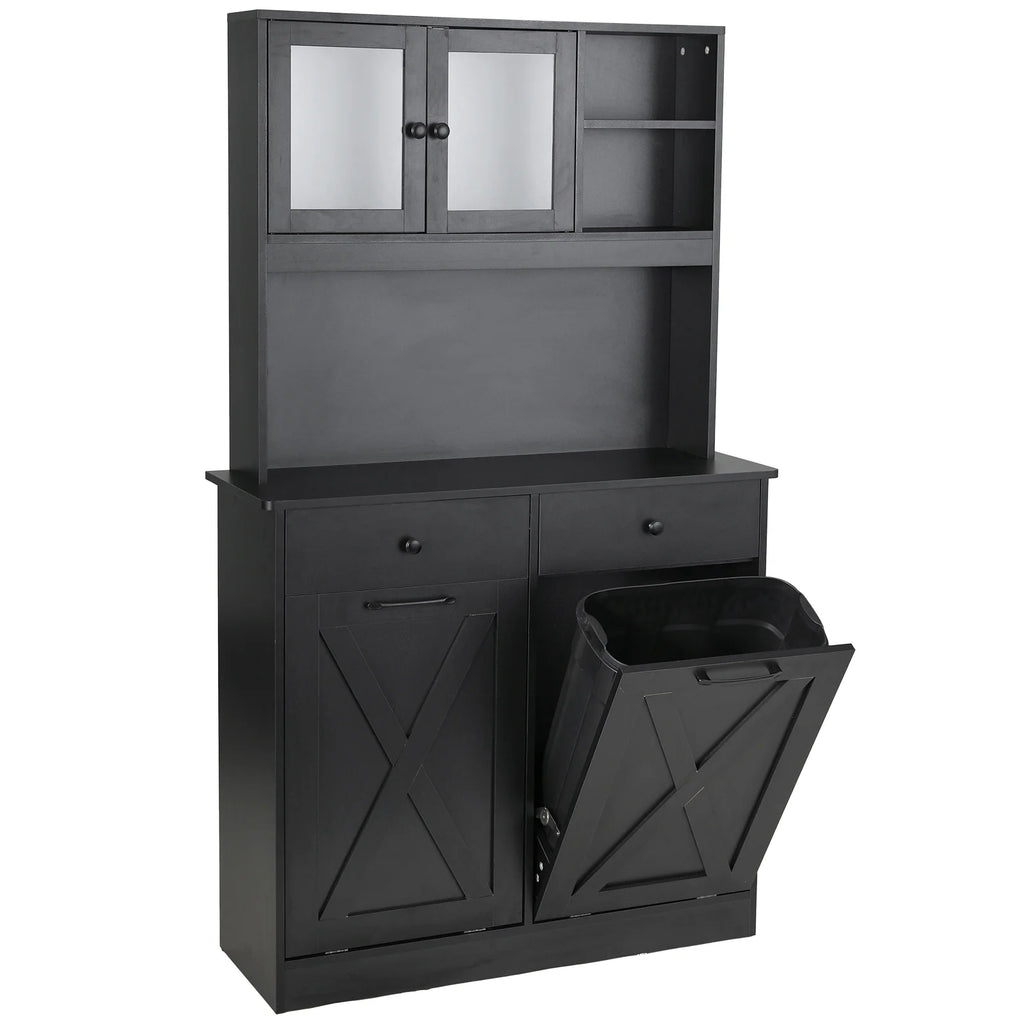 Kitchen Pantry Storage Cabinet, Double Tilt Out Trash Cabinet with Drawers and Shelves T2143