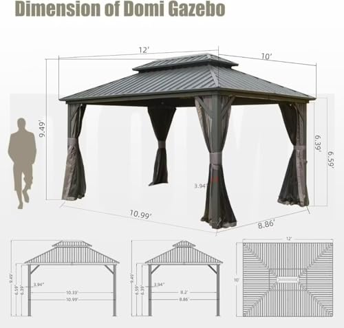 10 x 10 ft Hardtop Gazebo with Netting and Curtains, Galvanized Steel Roof for Patio and Garden X50618