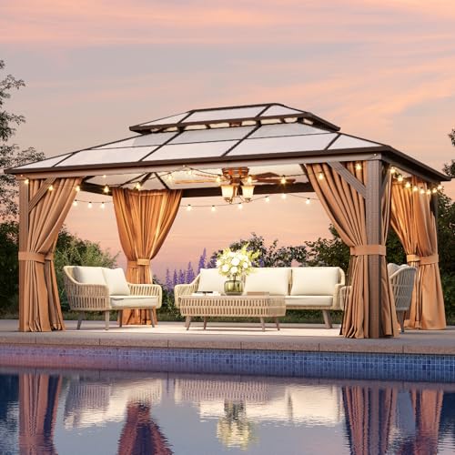 12x16 Hardtop Gazebo with Netting and Curtains, Aluminum Frame, Polycarbonate Roof N71921