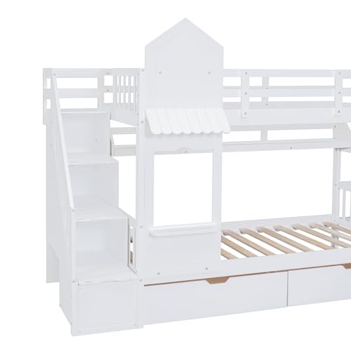 Kids Bunk Bed with Stairs and Slide, Twin Over Twin, Gray E77813