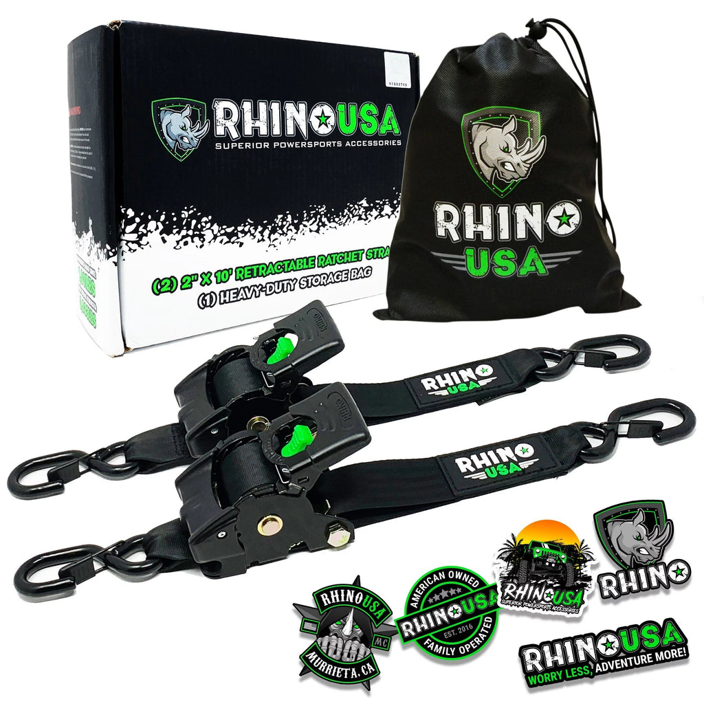 Rhino USA 2" x 10' Retractable Ratchet Straps (2-Pack) - 3,033lb Max Break Strength (7in H, 7 lb)
