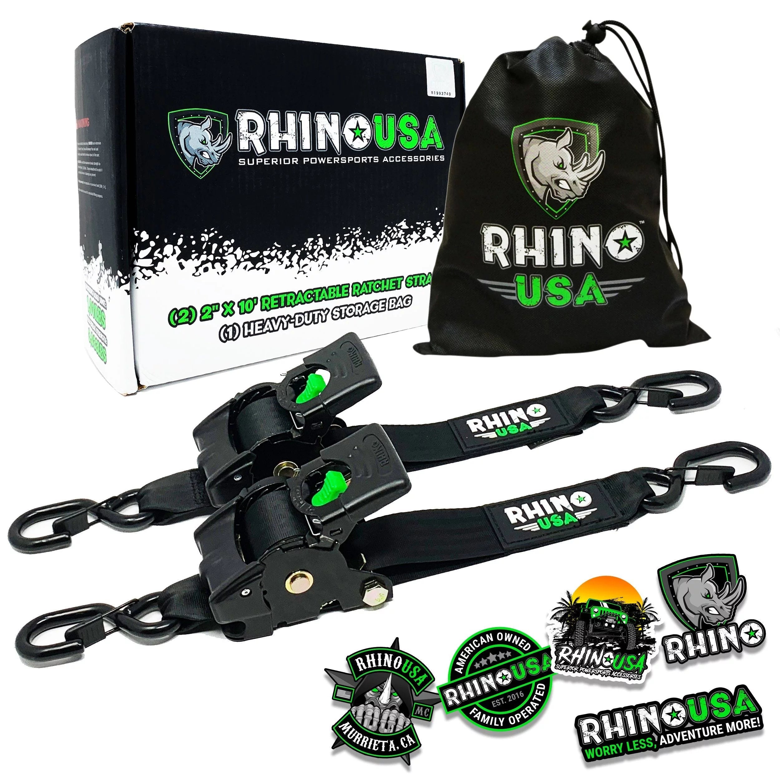 Rhino USA 2" x 10' Retractable Ratchet Straps (2-Pack) - 3,033lb Max Break Strength (7in H, 7 lb)