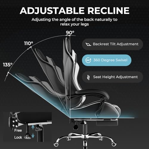 Gaming Chair with Footrest and Lumbar Support, Height Adjustable, 360° Swivel, Blue U7447