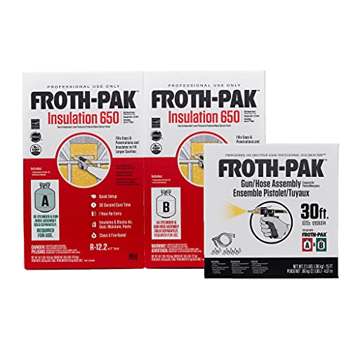 Froth-Pak 650 Spray Foam Insulation, 30 ft Hose. Low GWP Formula. Insulates Cavities, Penetrations & Gaps Up to 2" Thick. Yields Up to 650 Board ft. Two Component, Polyurethane, Closed Cell