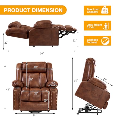 Large Power Lift Recliner Chair for Elderly with Heat and Massage, USB Port, Dark Brown A742