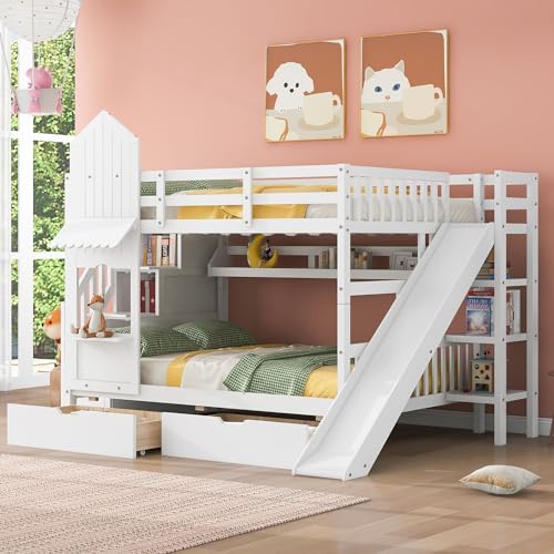 Kids Bunk Bed with Stairs and Slide, Twin Over Twin, Gray E77813