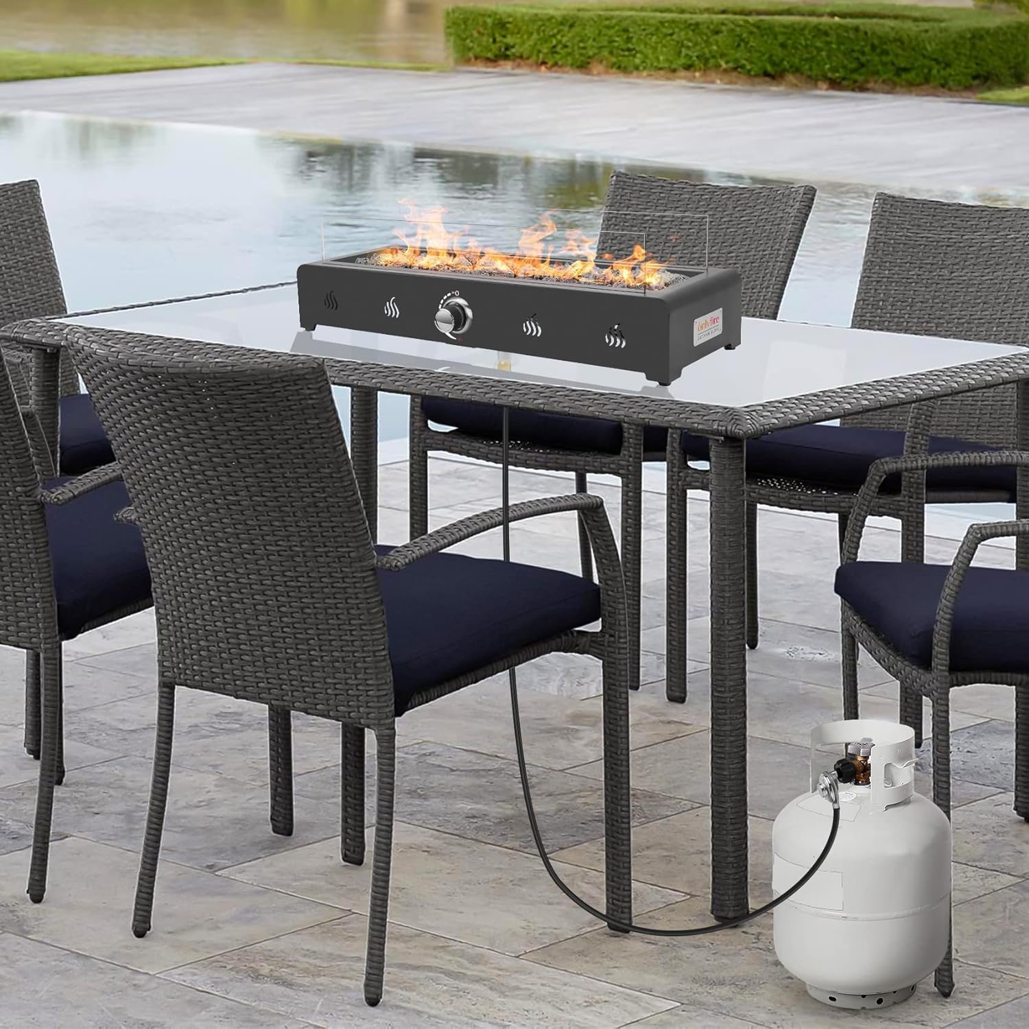 28 Inch Tabletop Gas Fire Pit with Glass Wind Guard and Lava Rock X571184