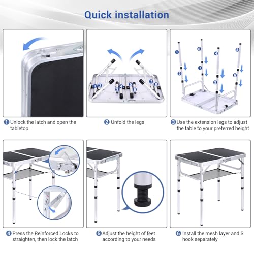 Adjustable Height Folding Camping Table with Mesh Layer Y4319