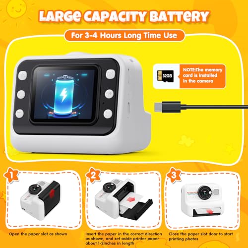 Kids Instant Print Camera 1080P HD with 3 Rolls Paper & 32GB Card V473