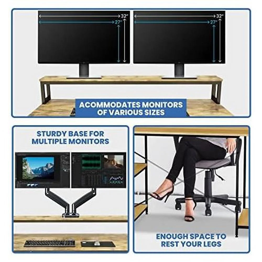 Industrial Computer Desk with Monitor Shelf, 55 Inch, Walnut and Black G1348