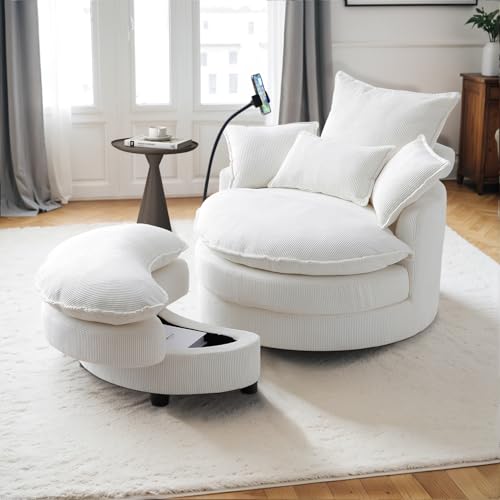 Swivel Accent Sofa Chair with Phone Holder & Storage Ottoman, Corduroy, Beige R7636