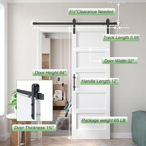 White Barn Door with Sliding Hardware Kit, 7FT, 5-Panel K864232