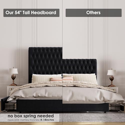 Velvet Upholstered King Bed Frame with Tall Headboard and Storage Drawers L58367