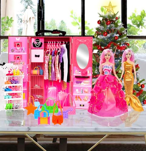 105 Pcs Doll Wardrobe Playset with Doll, Clothes, Shoes and Hangers N690