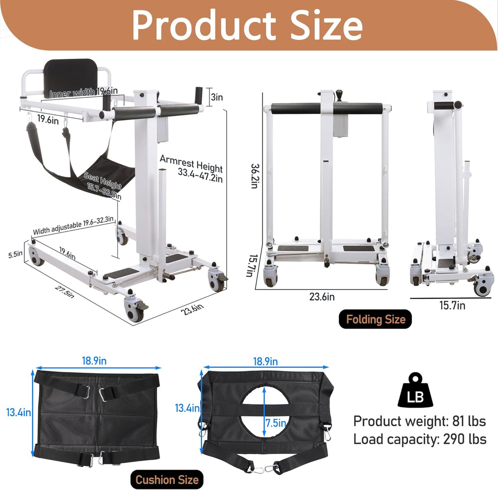 Electric Patient Lift Transfer Chair Foldable Portable for Home, Bed to Wheelchair, White D737715