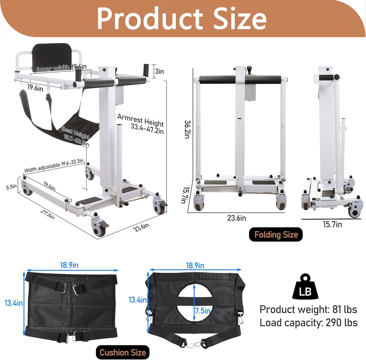 Electric Patient Lift Transfer Chair Foldable Portable for Home, Bed to Wheelchair, White D737715