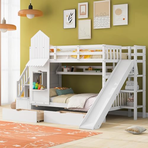 Kids Bunk Bed with Stairs and Slide, Twin Over Twin, Gray E77813
