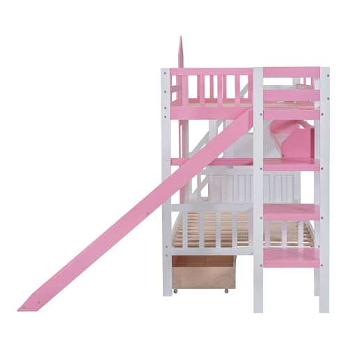 Kids Bunk Bed with Stairs and Slide, Twin Over Twin, Gray E77813