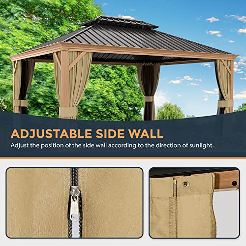 10 x 12 ft Hardtop Gazebo with Netting and Curtains, Double Roof Metal Canopy for Patio I7305
