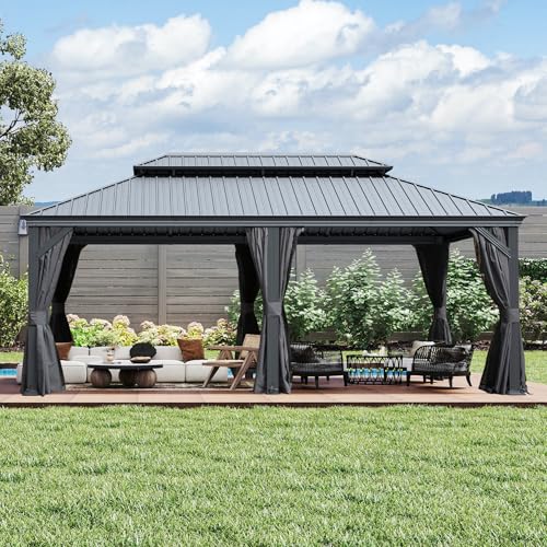 10 x 10 ft Hardtop Gazebo with Netting and Curtains, Galvanized Steel Roof for Patio and Garden X50618