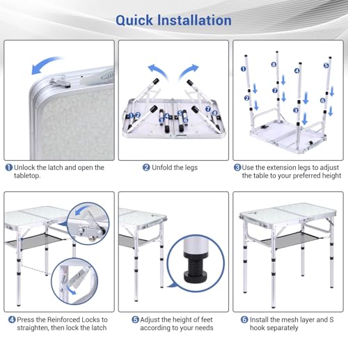 Adjustable Height Folding Camping Table with Mesh Layer Y4319