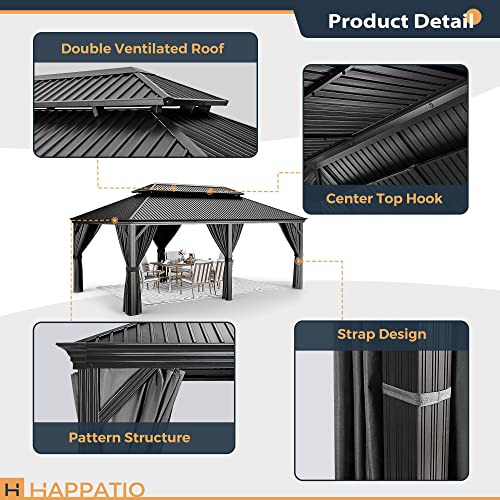 10 x 12 ft Hardtop Gazebo with Netting and Curtains, Double Roof Metal Canopy for Patio I7305
