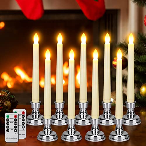 LED Flameless Flickering Taper Candles with Remote & Timer Warm Light Battery Operated Christmas Window Candle for Wedding Party Holiday Home Table Decoration (9 Packs,White+Gold Holder(A))…