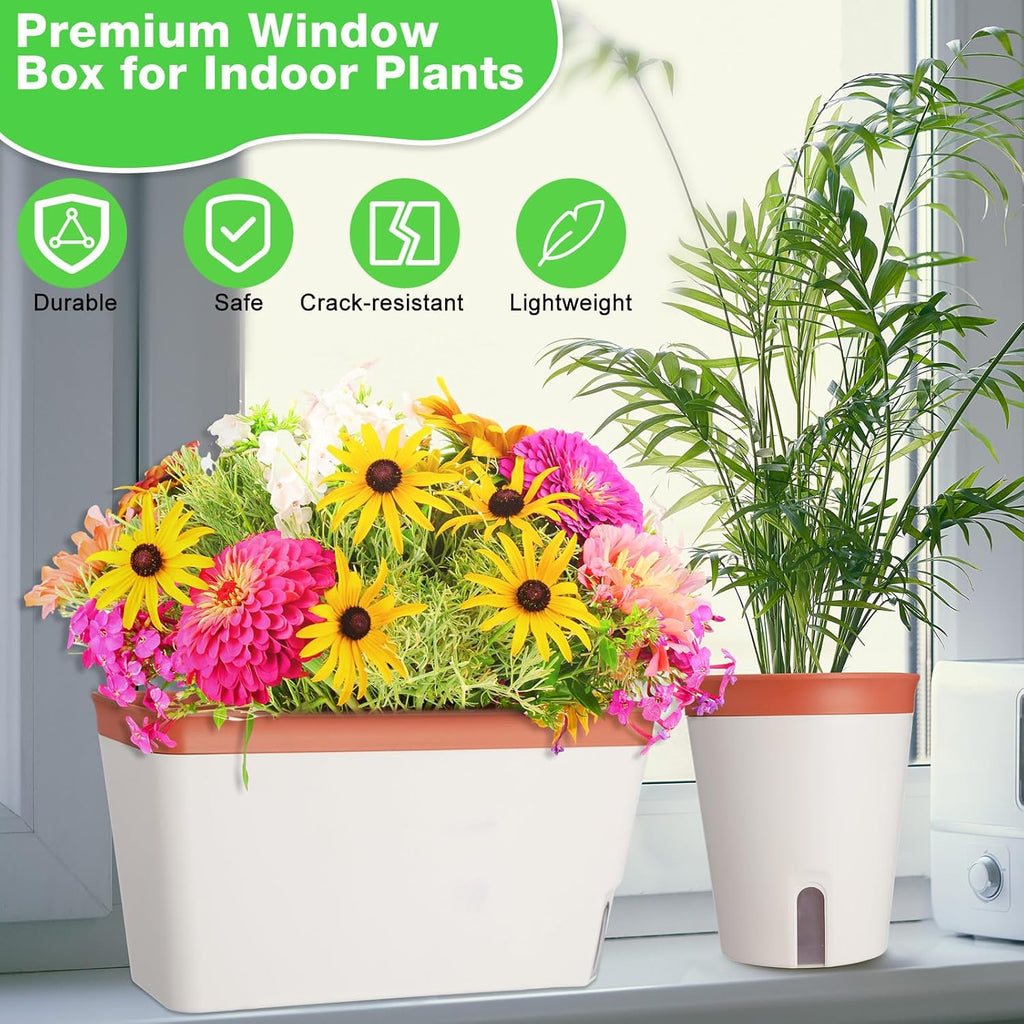 Self Watering Window Planter Box Set for Indoor Plants, Flowers, Succulents V8149