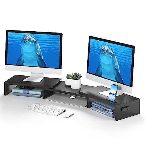 Dual Monitor Stand Riser with Smartphone Holder, Adjustable Wooden Desktop Organizer P70793