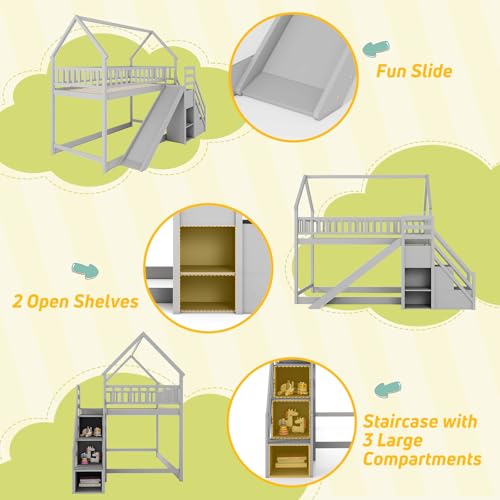 Twin Over Twin Bunk Bed with Slide and Stairs, Wood, White F9999