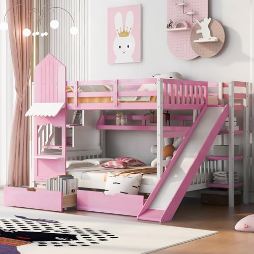 Twin Over Twin Bunk Bed with Stairs and Slide, Solid Wood Frame with Storage Y2445