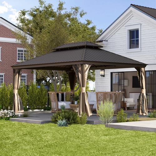 10 x 10 ft Hardtop Gazebo with Netting and Curtains, Galvanized Steel Roof for Patio and Garden X50618