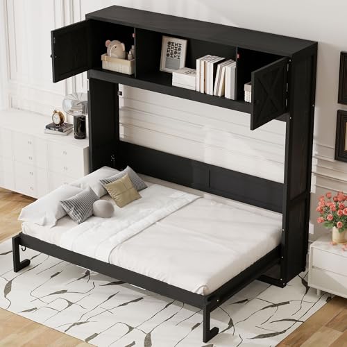 Queen Size Murphy Bed with Cabinet and LED Lights P178570