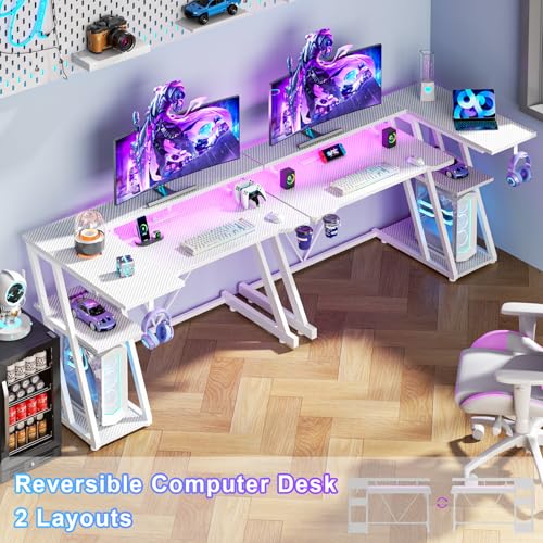 L Shaped Gaming Desk with Power Outlet and LED Lights T64283