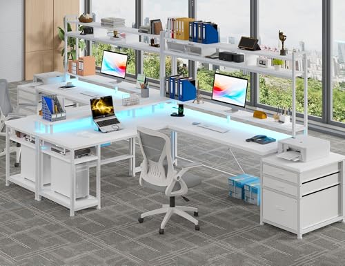 L Shaped Gaming Desk with Storage Shelves and LED Light U926701