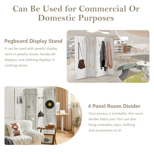 Wooden Pegboard Room Divider, 5.6Ft Folding Privacy Screen P5676