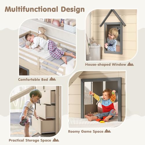 Twin Low Loft Bed with 3 Storage Drawers, Slide, Ladder & Guardrails B4129