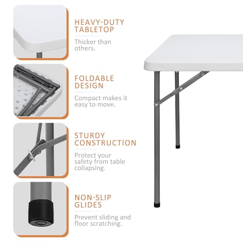 Portable 4 Foot Plastic Folding Table, Indoor Outdoor Heavy Duty, White R80992