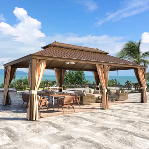 12x16 ft Hardtop Gazebo with Galvanized Steel Roof, Curtains and Netting V821