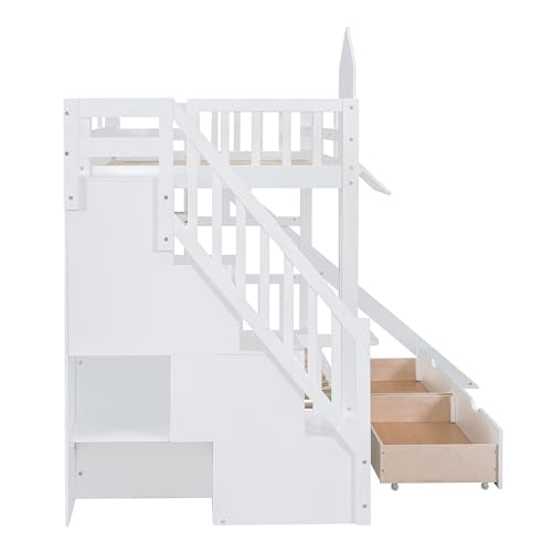 Twin Over Twin Bunk Bed with Stairs and Slide, Solid Wood Frame with Storage Y2445