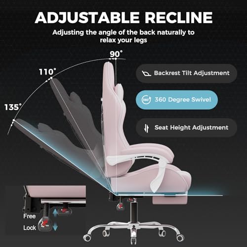 Gaming Chair with Footrest and Lumbar Support, Height Adjustable, 360° Swivel, Blue U7447