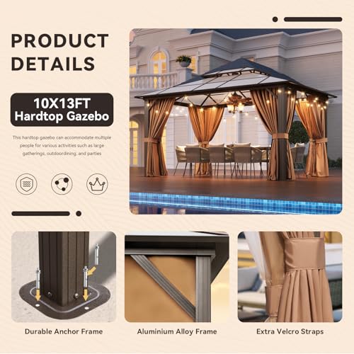 12x16 Hardtop Gazebo with Netting and Curtains, Aluminum Frame, Polycarbonate Roof N71921