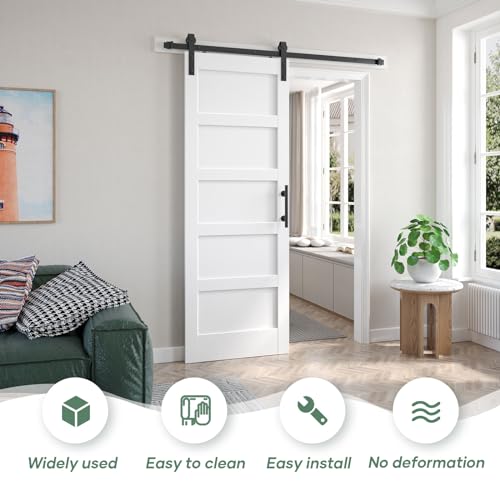 White Barn Door with Sliding Hardware Kit, 7FT, 5-Panel K864232