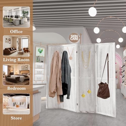 Wooden Pegboard Room Divider, 5.6Ft Folding Privacy Screen P5676