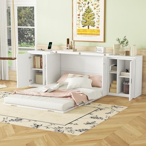 Murphy Bed Chest with Shelves, Foldable Wood Platform Bed Frame I45495